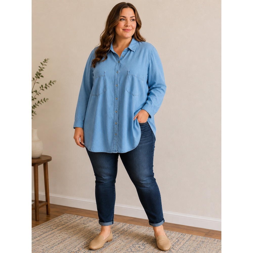 PER SE Chambray Button Down Shirt Oversized Womens 3X Light Blue Tencel Soft